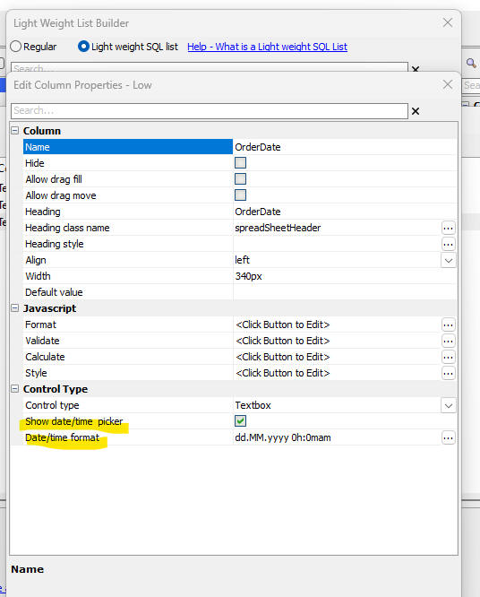 Light Weight List column settings for date picker and date format